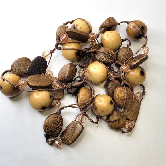 Large Wood Inspired Earthtone Beaded Long Statement Necklace - Picture 4 of 10